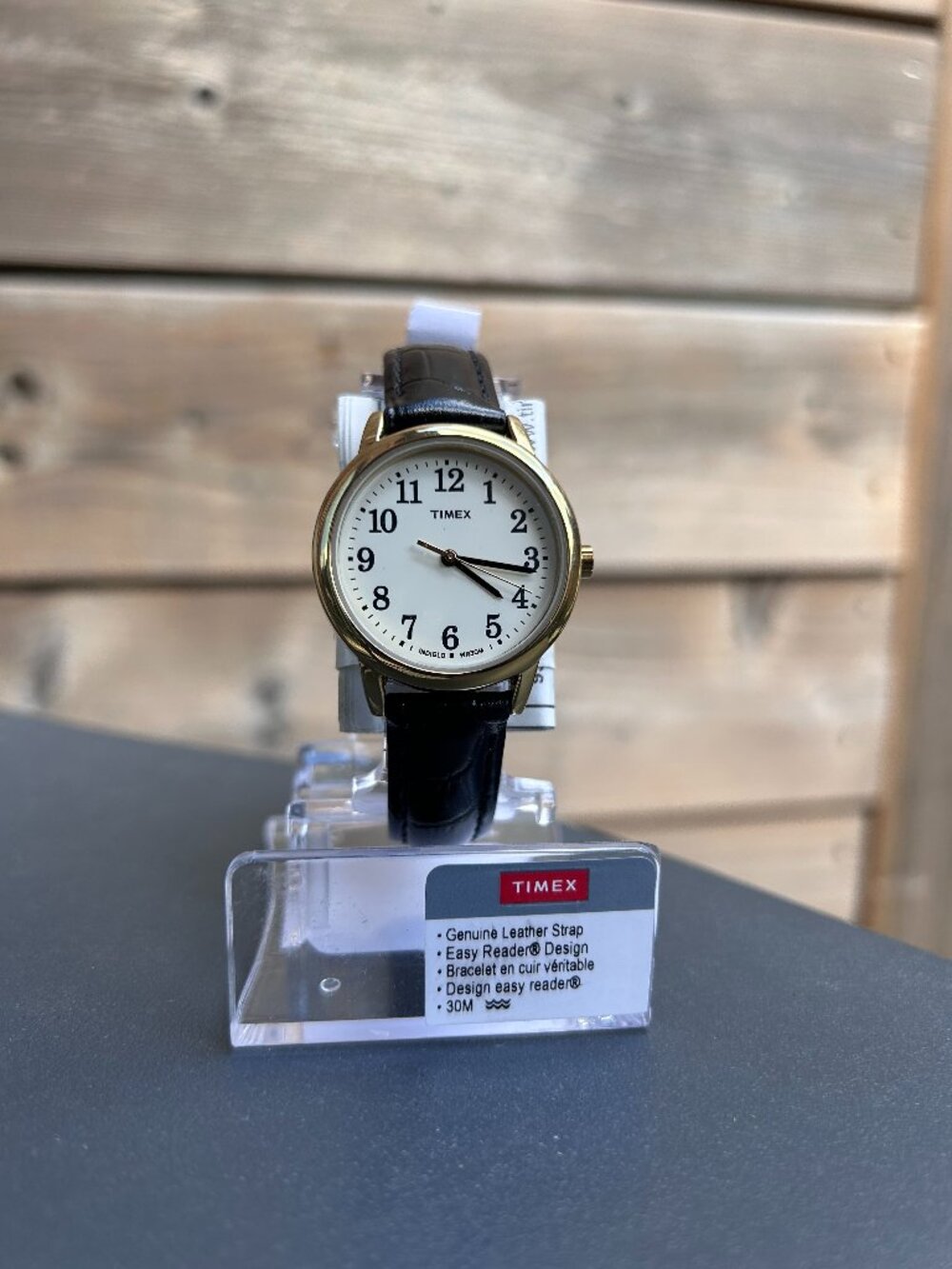 Share Timex Easy Reader Gold Tone White Dial Black Leather Indiglo 30M Watch NOS